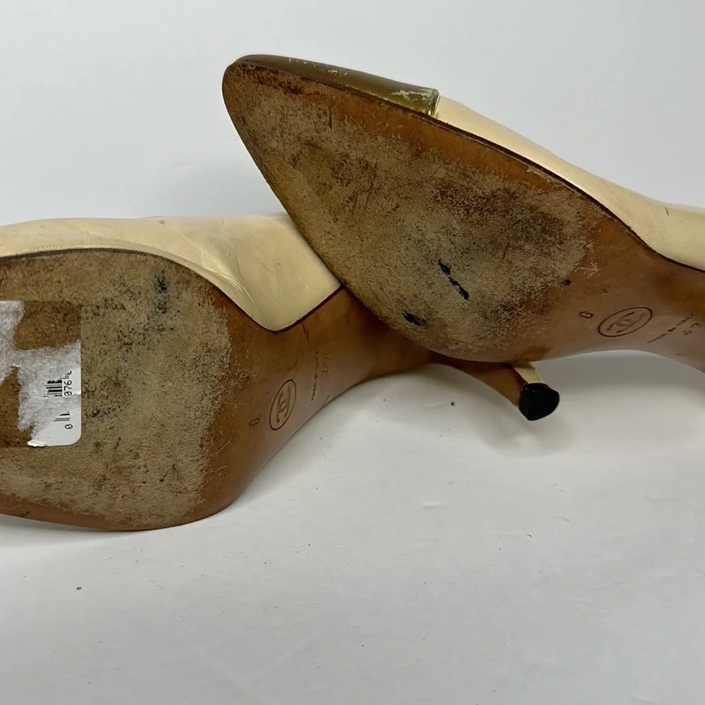 CHANEL Cream Leather Pumps with Gold Cap Toe - Picture 6 of 8